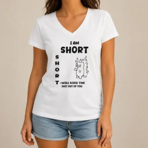 Awesome Official I Am Short Short Will Kick The Shit Out Of You Cat V Neck Shirt in black with bold cat graphic and text