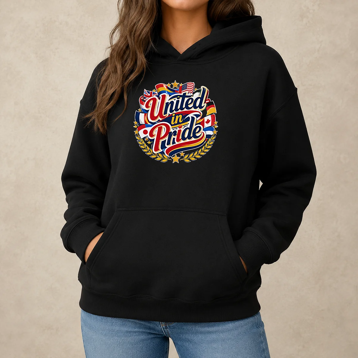 Awesome United In Pride National Flag Typography Hoodie in black, front view with colorful flag text