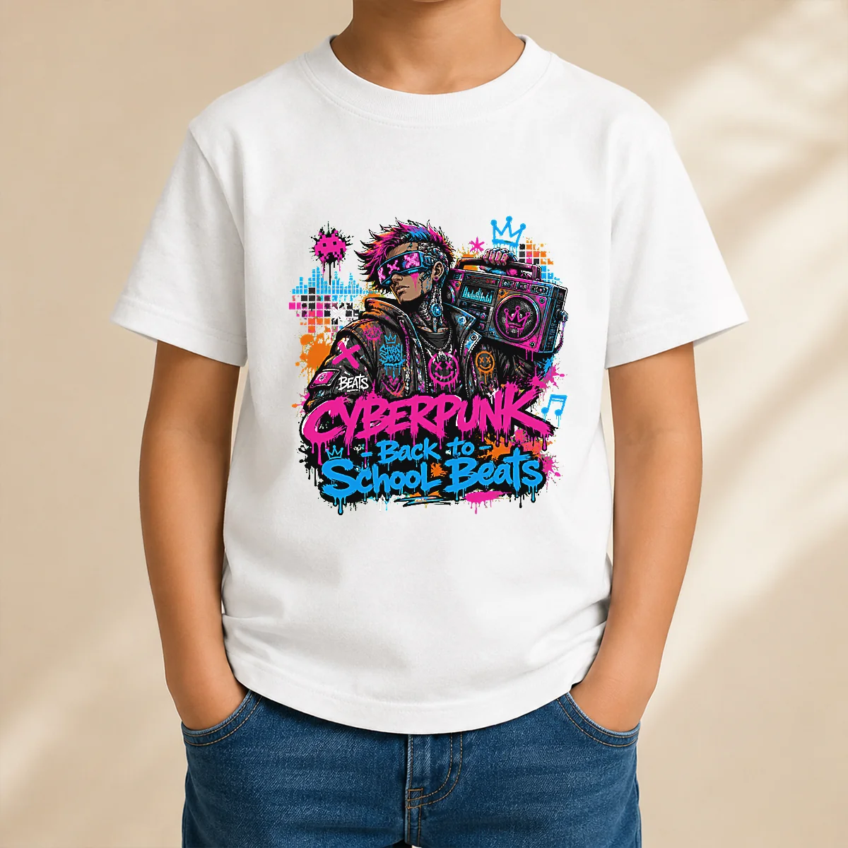 Cyberpunk Back to School Beats Graffiti Kids T-Shirt