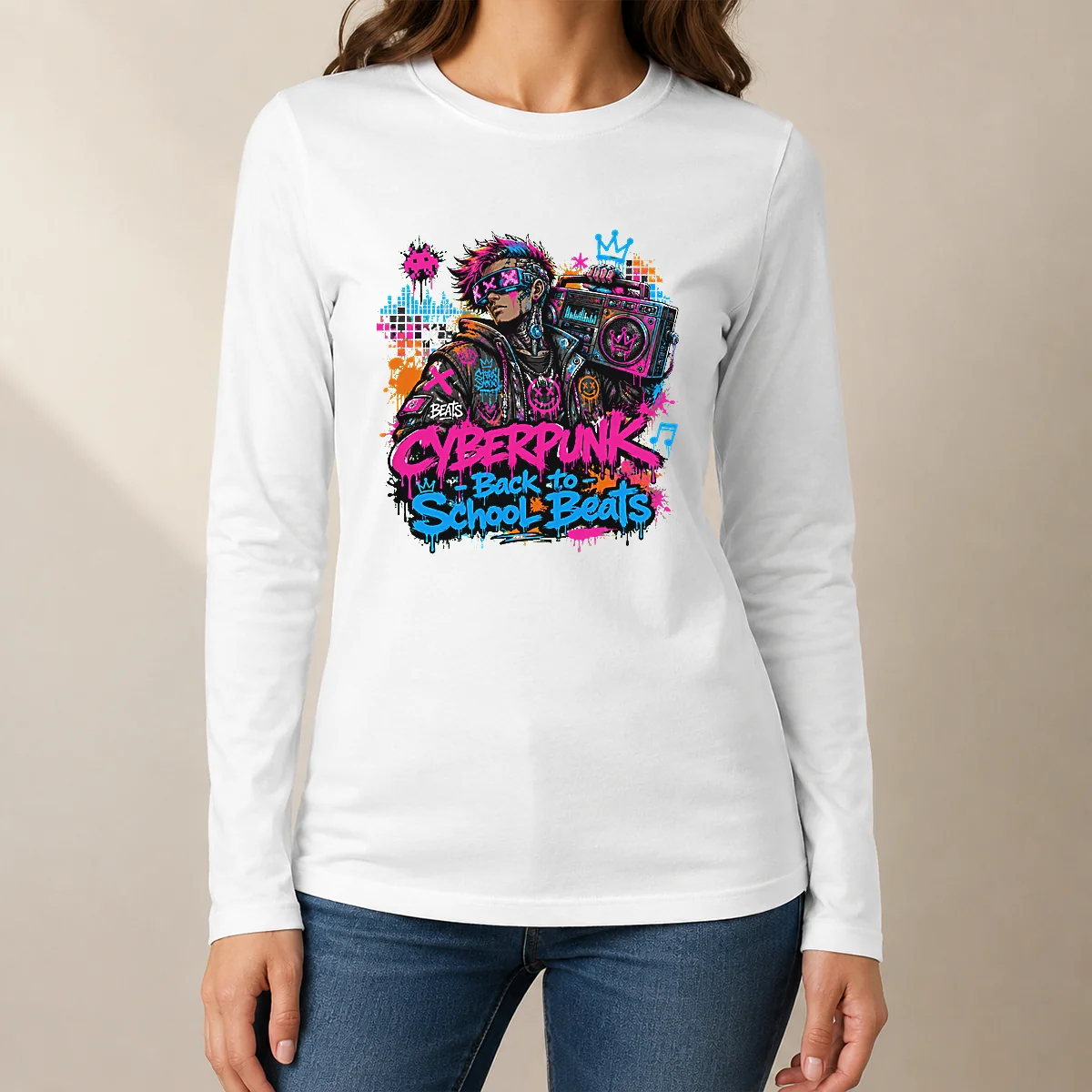 Cyberpunk Back to School Beats Graffiti Long Sleeve Shirt