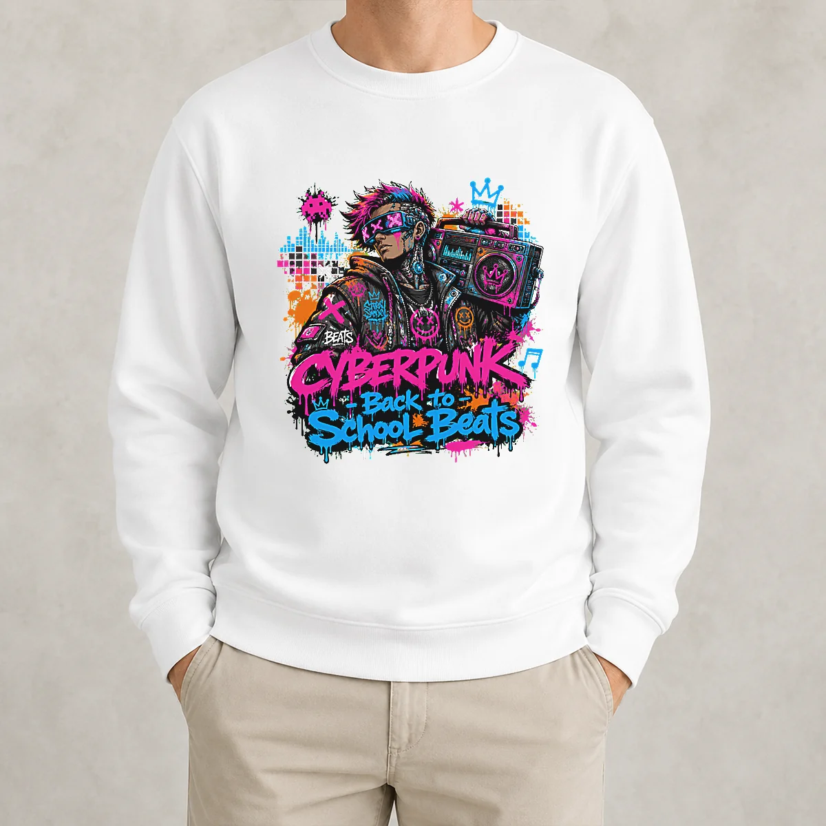 Cyberpunk Back to School Beats Graffiti Sweater
