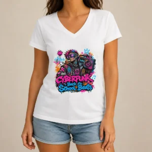 Cyberpunk Back to School Beats Graffiti V-Neck Shirt