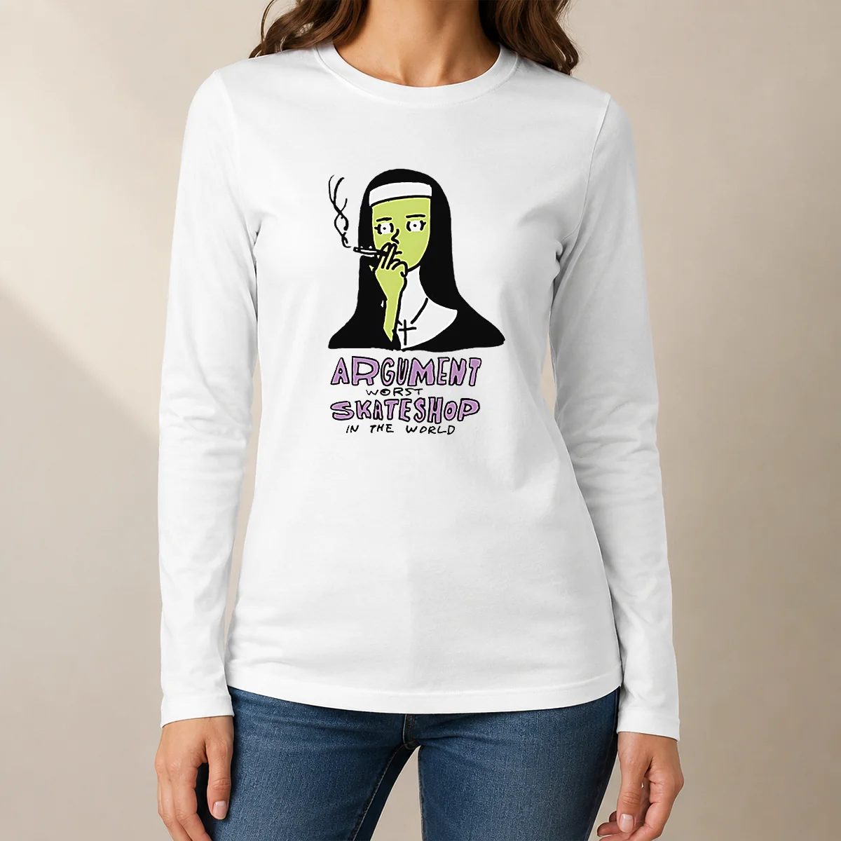 Funny Hot Smoking Nun Argument Worst Skateshop In The World Long Sleeve Shirt