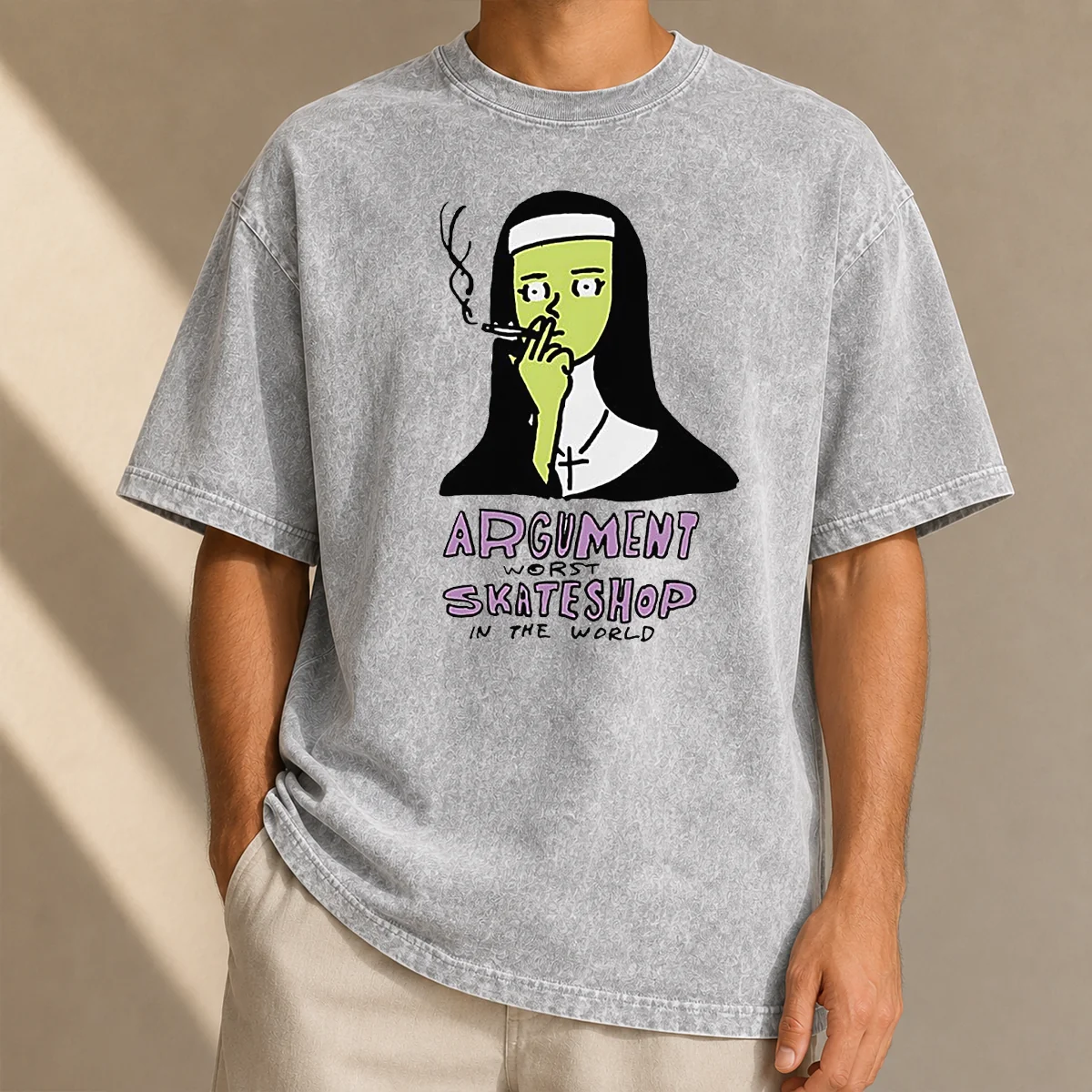 Funny Hot Smoking Nun Argument Worst Skateshop In The World Washed T-Shirt