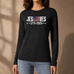 Funny Jesus Saves USA 1776 2026 250 Years long sleeve shirt showing front graphic design in white and red