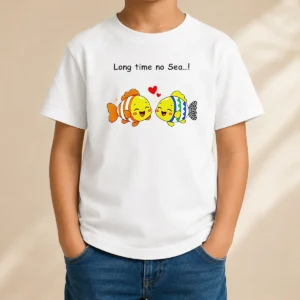 Funny Official Cute Fish Couple Long Time No Sea Pun Cartoon Illustration Animal Kids T-Shirt