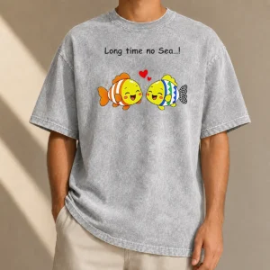 Funny Official Cute Fish Couple Long Time No Sea Pun Cartoon Illustration Animal Washed T-Shirt