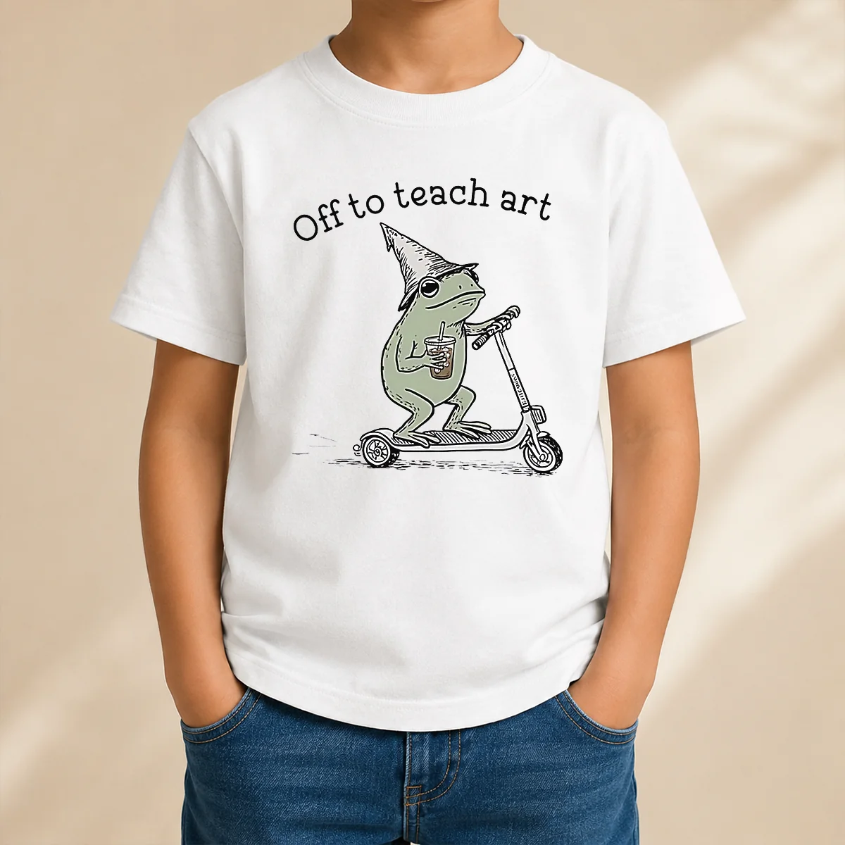 Funny Premium Frog Off To Teach Art With Iced Coffee On Scooter Kids T-Shirt