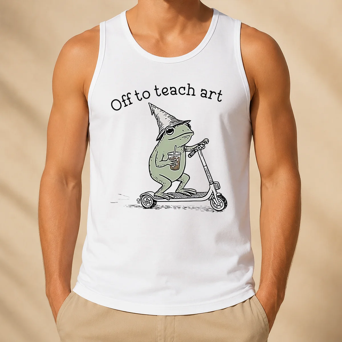 Funny Premium Frog Off To Teach Art With Iced Coffee On Scooter Tank Top