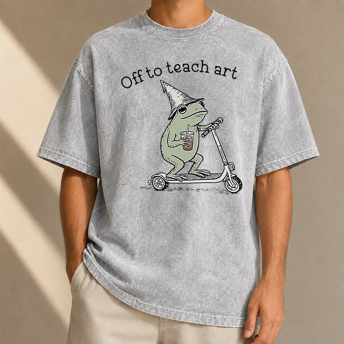 Funny Premium Frog Off To Teach Art With Iced Coffee On Scooter Washed T-Shirt