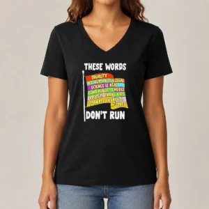 Funny These Words Equality No Human Is Illegal Science Is Real Fund Public Schools V Neck Shirt in charcoal gray, short sleeve