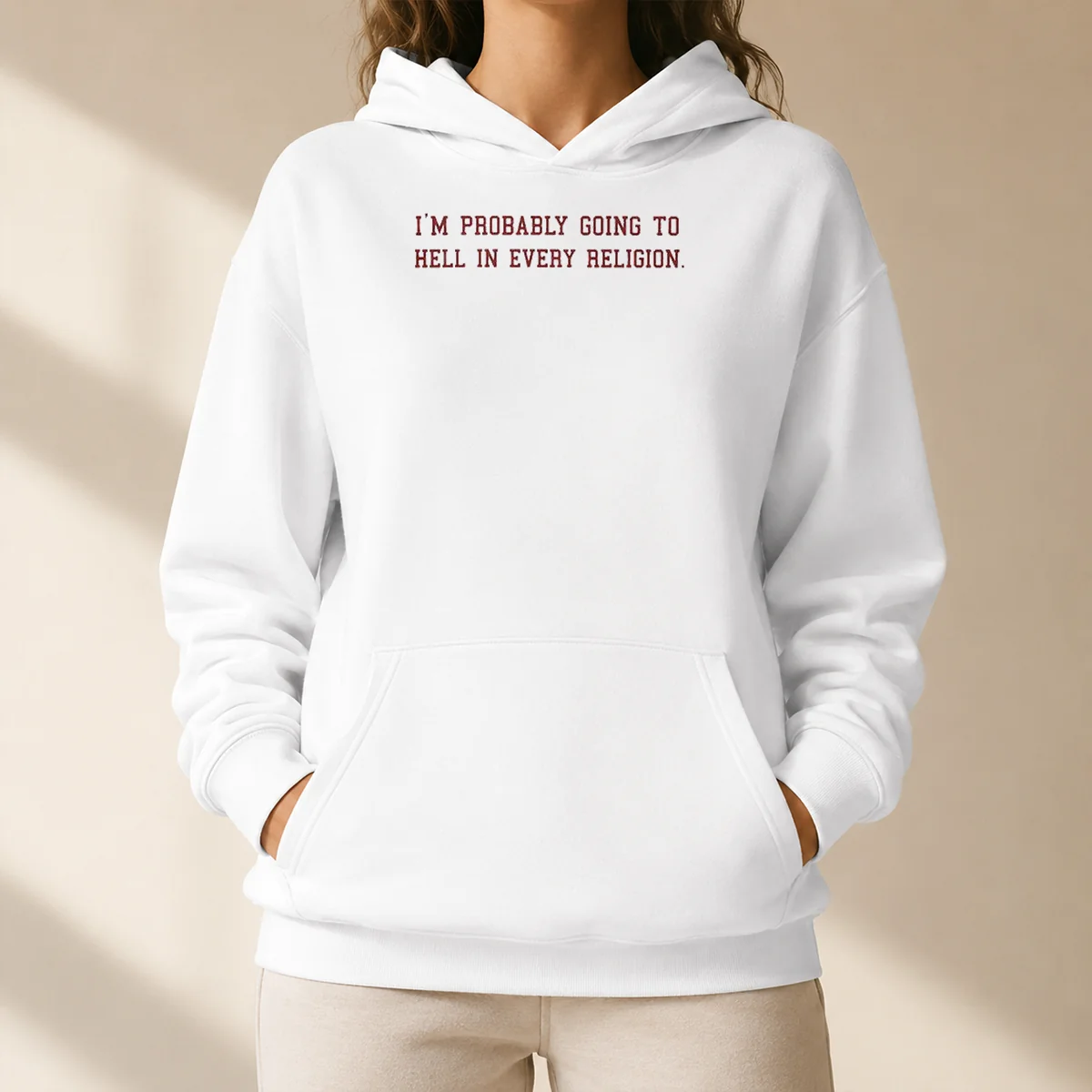 Good Im Probably Going To Hell In Every Religion Hoodie in black with front pocket and drawstring hood