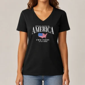 Good United States Of America Two Fiddy 1776 2026 V Neck Shirt in black, showing front design and V neck style