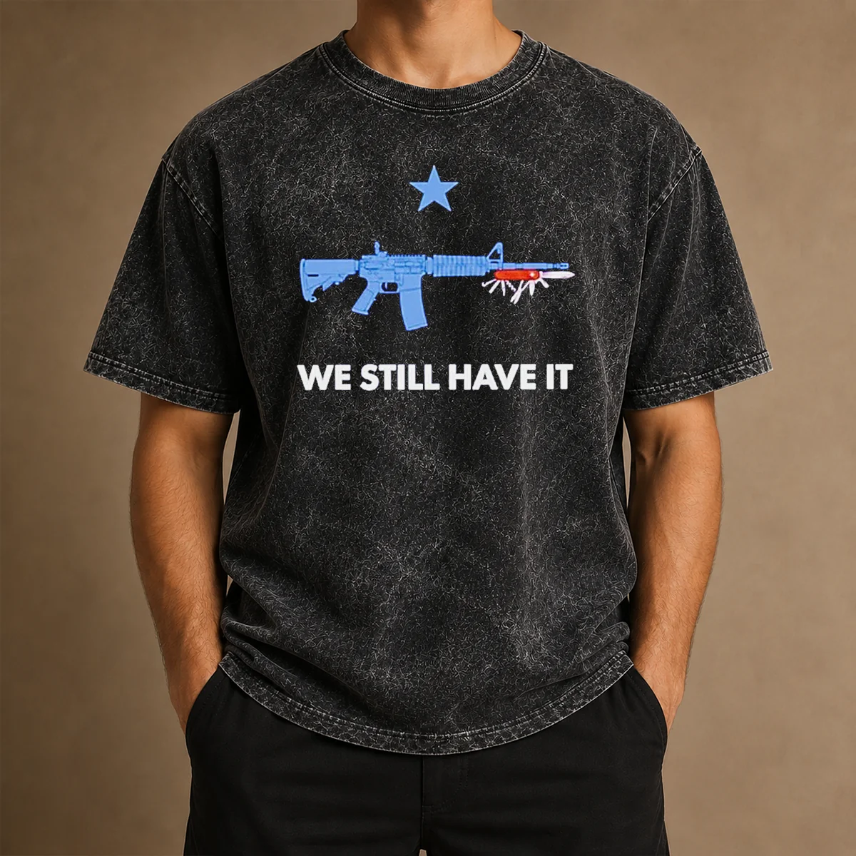 Happy Nice Swiss Army Knife We Still Have It Washed T Shirt in soft washed cotton fabric, displayed flat