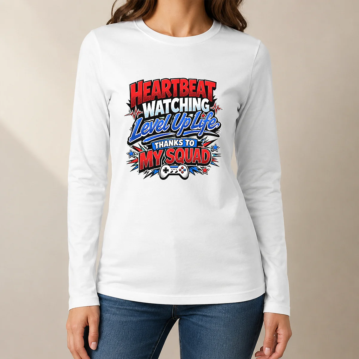 Heartbeat Watching Level Up Life Thanks To My Squad Comic Long Sleeve Shirt