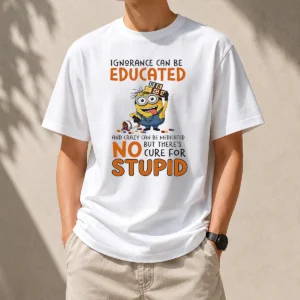 Hot Minion Despicable Me Ignorance Can Be Educated And Crazy Can Be Medicated graphic t shirt in black color