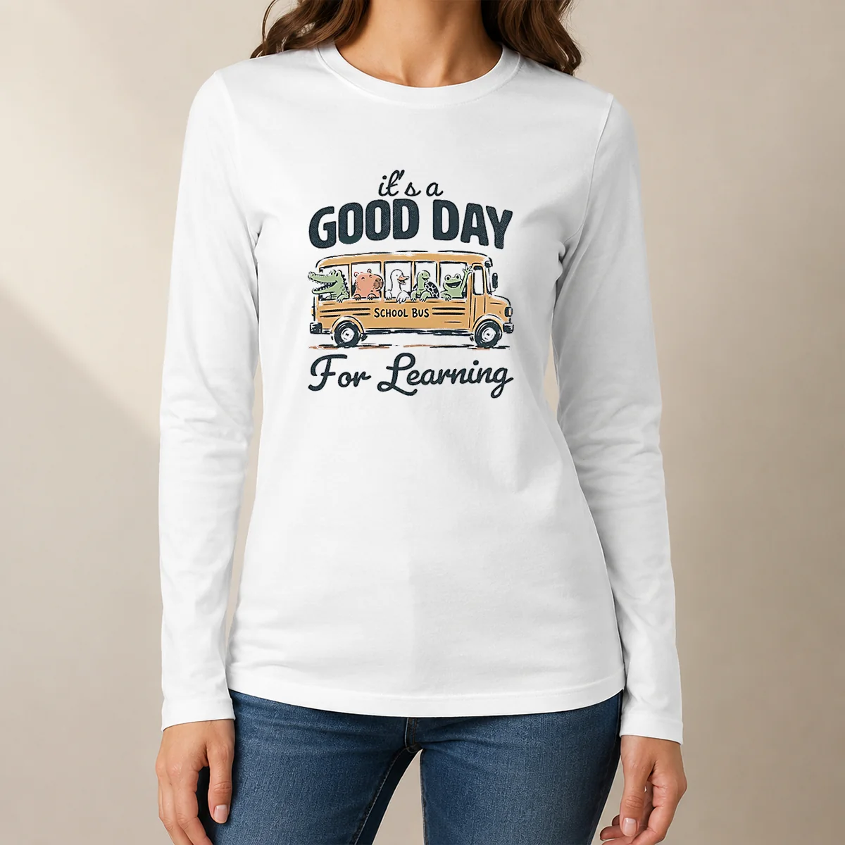 Hot Premium It'S A Good Day For Learning School Bus Animals Long Sleeve Shirt