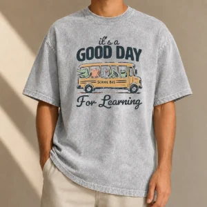 Hot Premium It'S A Good Day For Learning School Bus Animals Washed T-Shirt