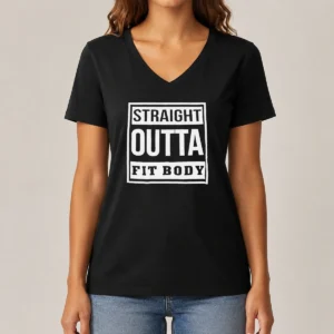 Hot Premium Straight Outta Fit Body Parody Pop Quote V Neck Shirt in black with white bold text design