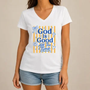 Hot Pretty God Is Good Everyday Retro Stripe Christian Quote V Neck Shirt in soft fabric with colorful retro stripes