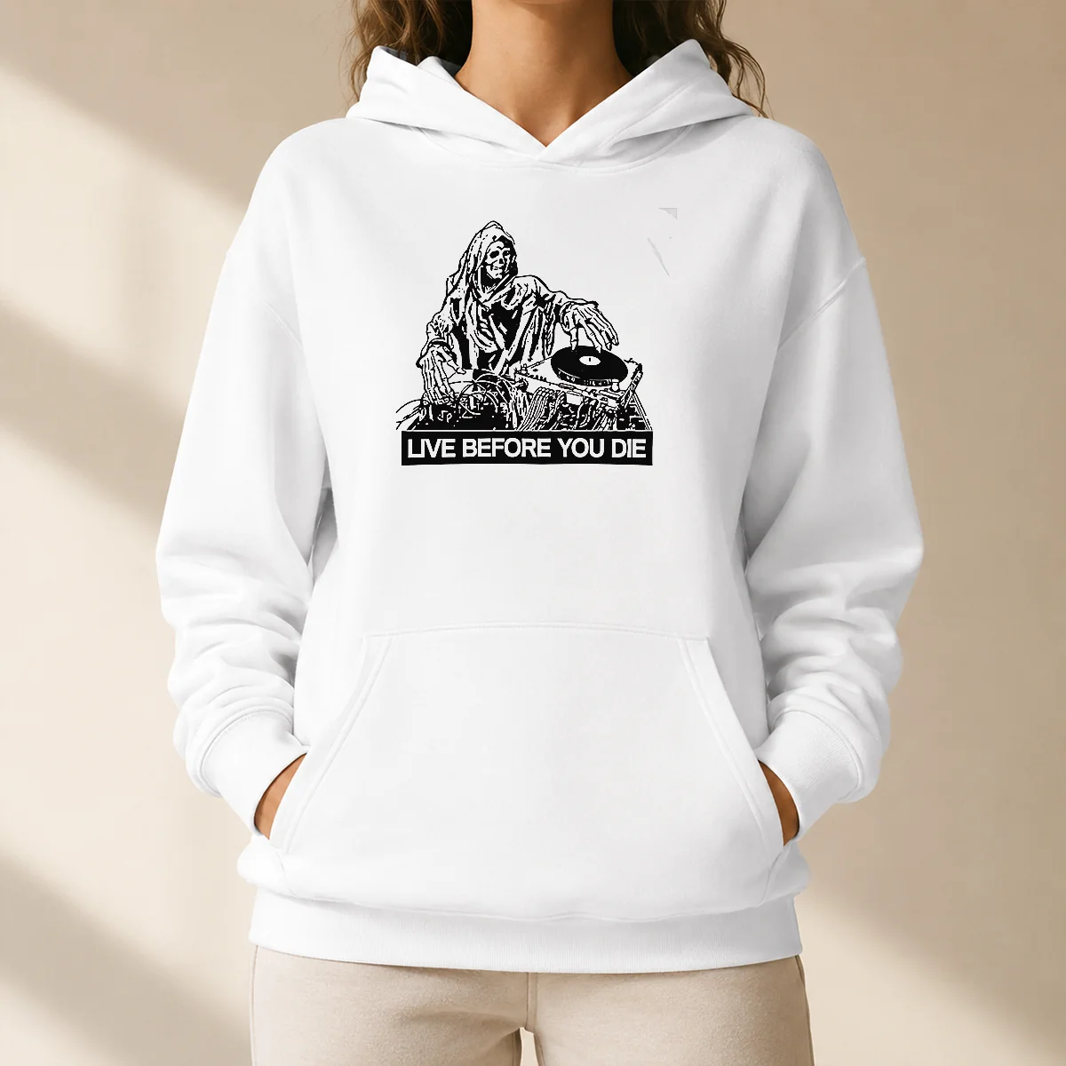 Hot Pretty Grim Reaper DJ Live Before You Die Hoodie featuring a graphic of a DJ Grim Reaper on a black pullover hoodie