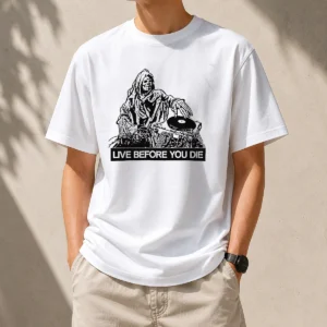 Hot Pretty Grim Reaper DJ Live Before You Die t shirt in black, featuring a graphic of a grim reaper DJ on a classic crew neck tee