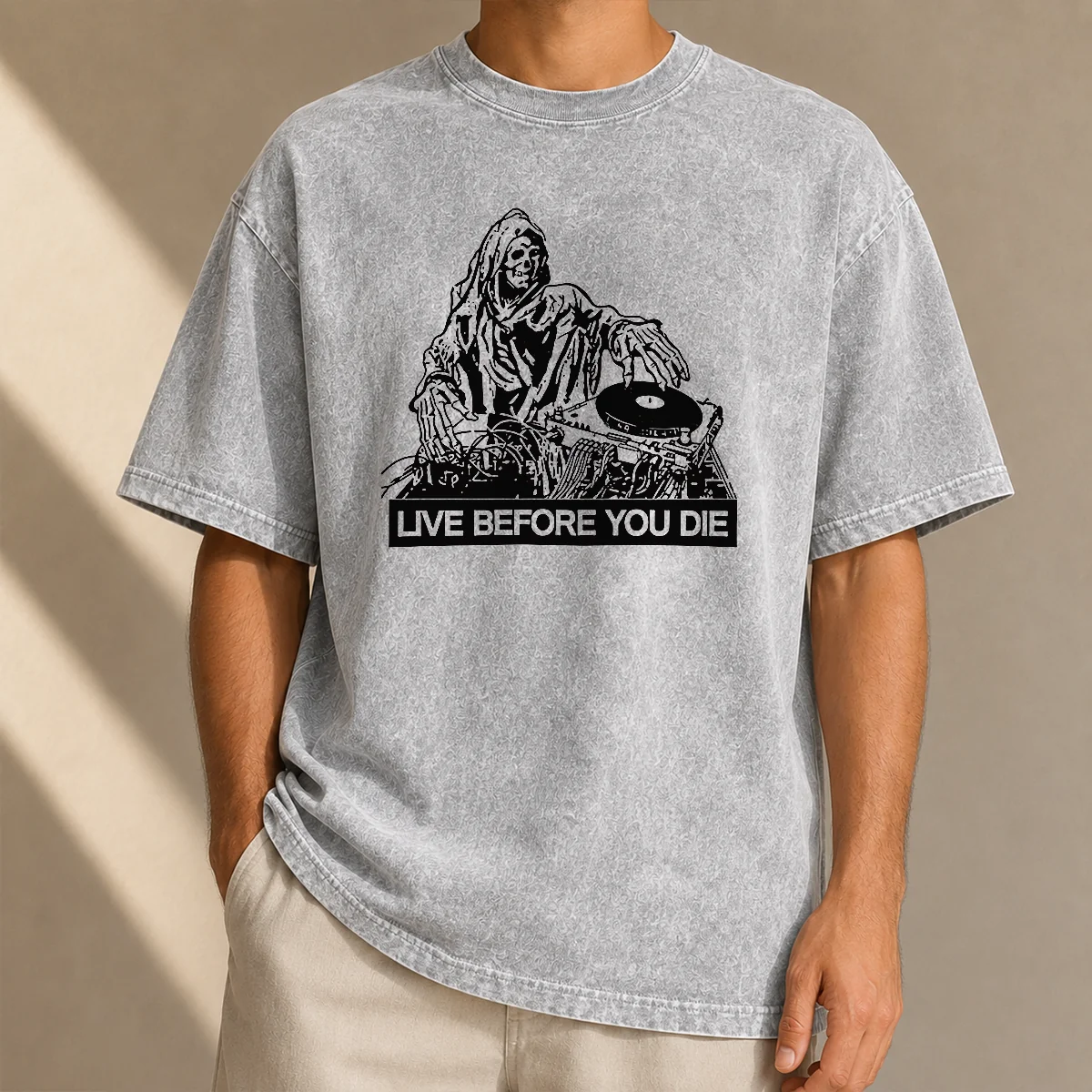 Hot Pretty Grim Reaper DJ Live Before You Die washed t shirt showing front print on soft cotton fabric