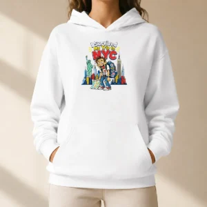 Hot Pretty NYC Trip Survivor Vector Hoodie in black with front graphic design, unisex pullover style