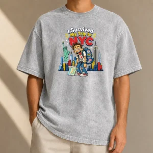 Hot Pretty NYC Trip Survivor Vector printed on a soft washed t shirt in light gray, front view