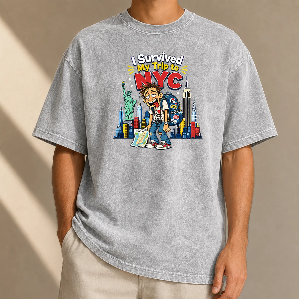 Hot Pretty NYC Trip Survivor Vector printed on a soft washed t shirt in light gray, front view