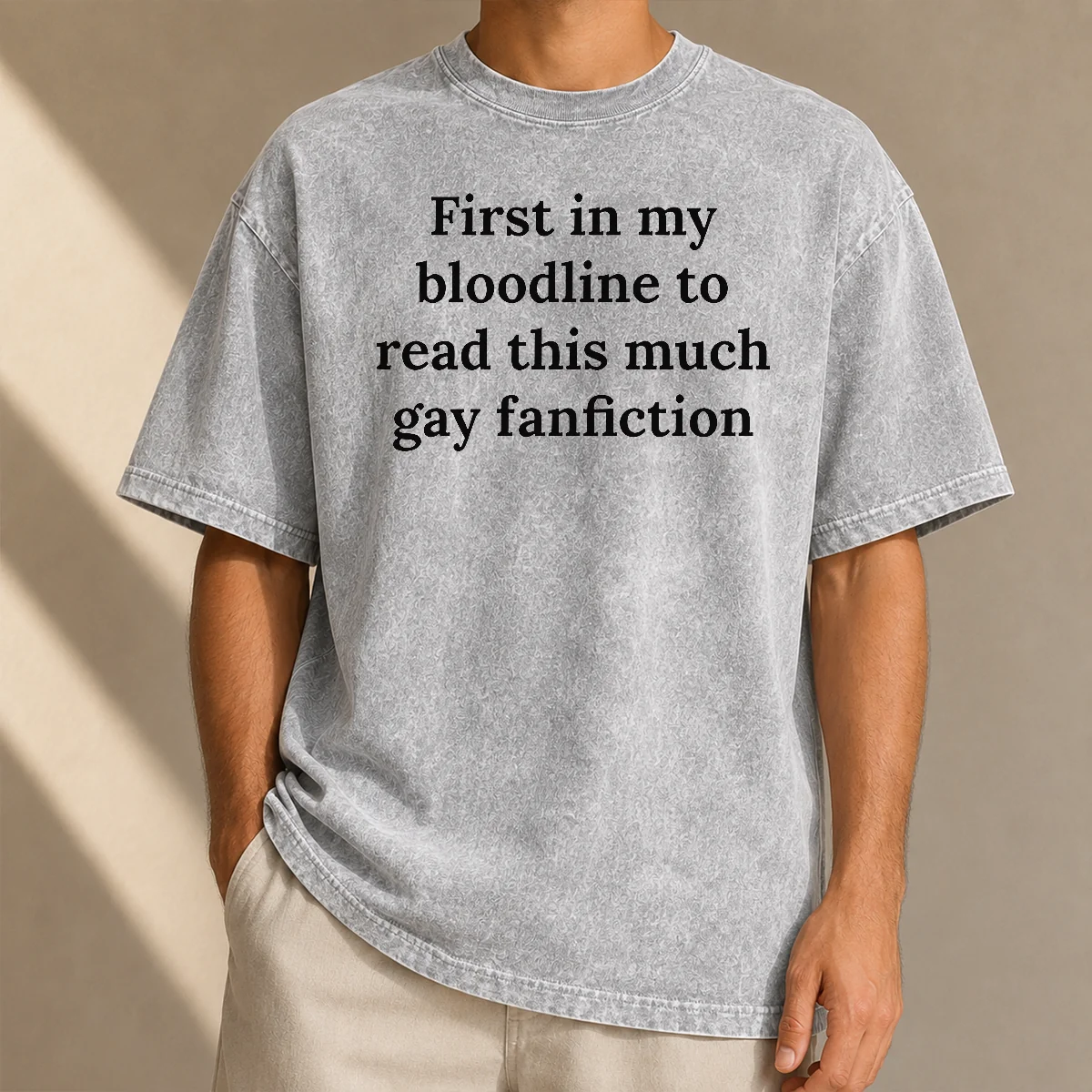 Nice Awesome First In My Bloodline To Read This Much Gay Fanfiction washed t shirt in light gray, front view with bold text print