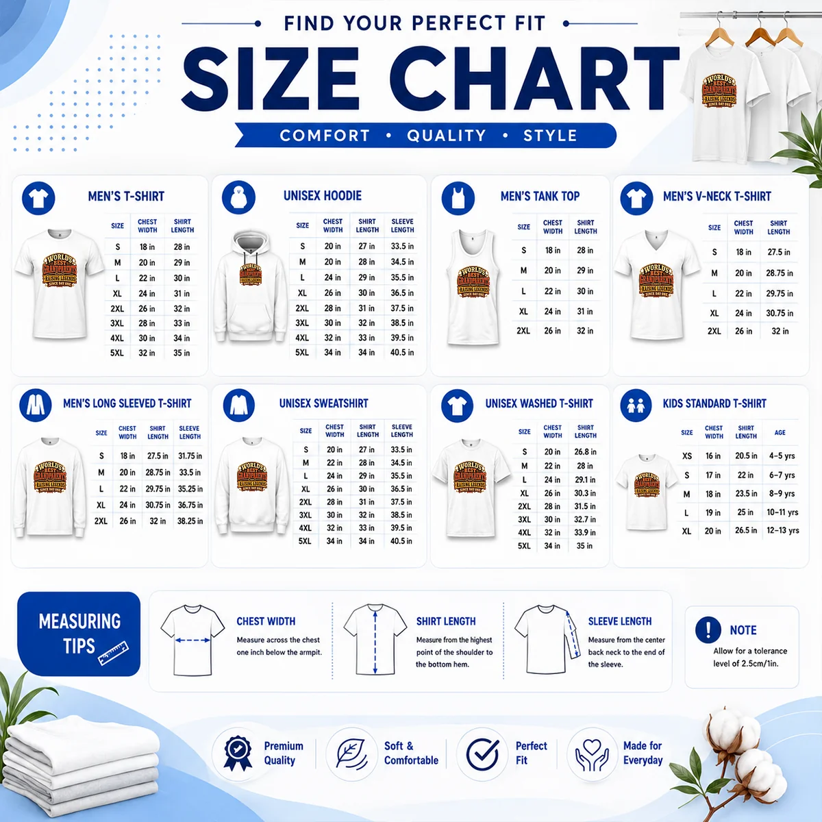 Nice Awesome Grandparents Day Western Vintage Pride Size Chart Size chart for Nice Awesome Grandparents Day Western Vintage Pride with measurements in inches and cm
