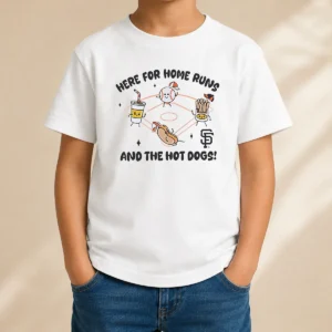 Nice Here For Home Runs And The Hot Dogs San Francisco Giants kids t shirt featuring bold team colors and fun baseball-themed text