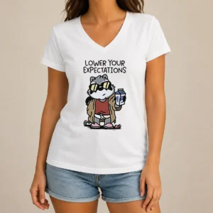 Nice Lower Your Expectations Raccoon Cartoon V-Neck Shirt