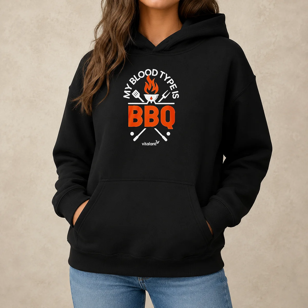 Nice My Blood Type Is BBQ Hoodie in charcoal gray, front view with kangaroo pocket and drawstring hood