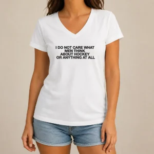 Nice Pretty I Do Not Care What Men Think About Hockey Or Anything At All Hockey Fan V Neck Shirt on a casual v neck garment with short sleeves