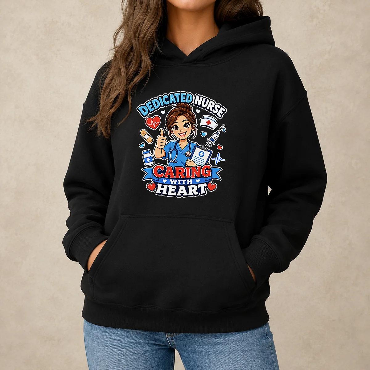 Nurse Dedicated Care Cartoon Hoodie