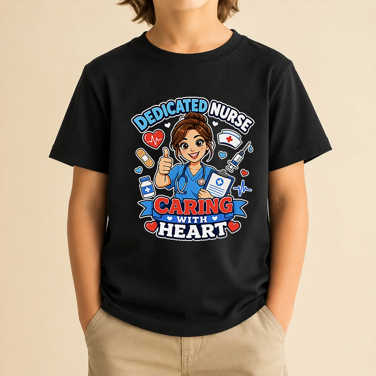 Nurse Dedicated Care Cartoon Kids T-Shirt