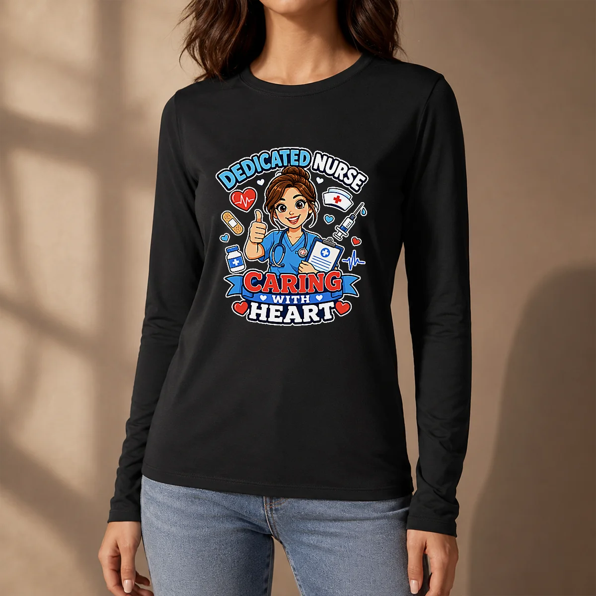 Nurse Dedicated Care Cartoon Long Sleeve Shirt