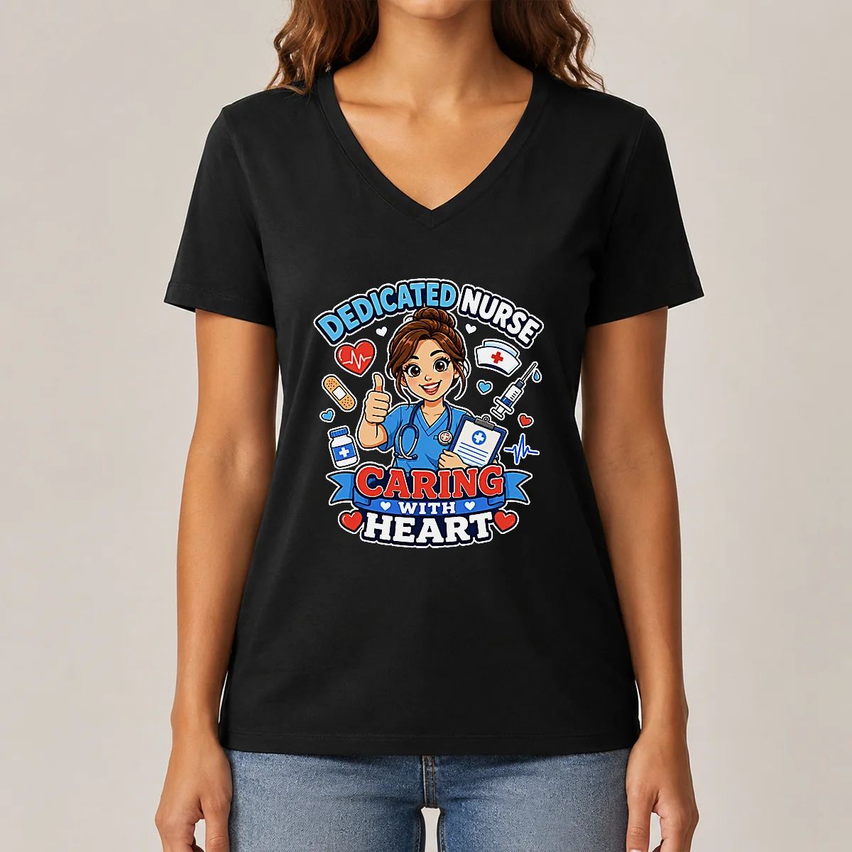 Nurse Dedicated Care Cartoon Shirt V-Neck Shirt Nurse Dedicated Care Cartoon Shirt V-Neck Shirt