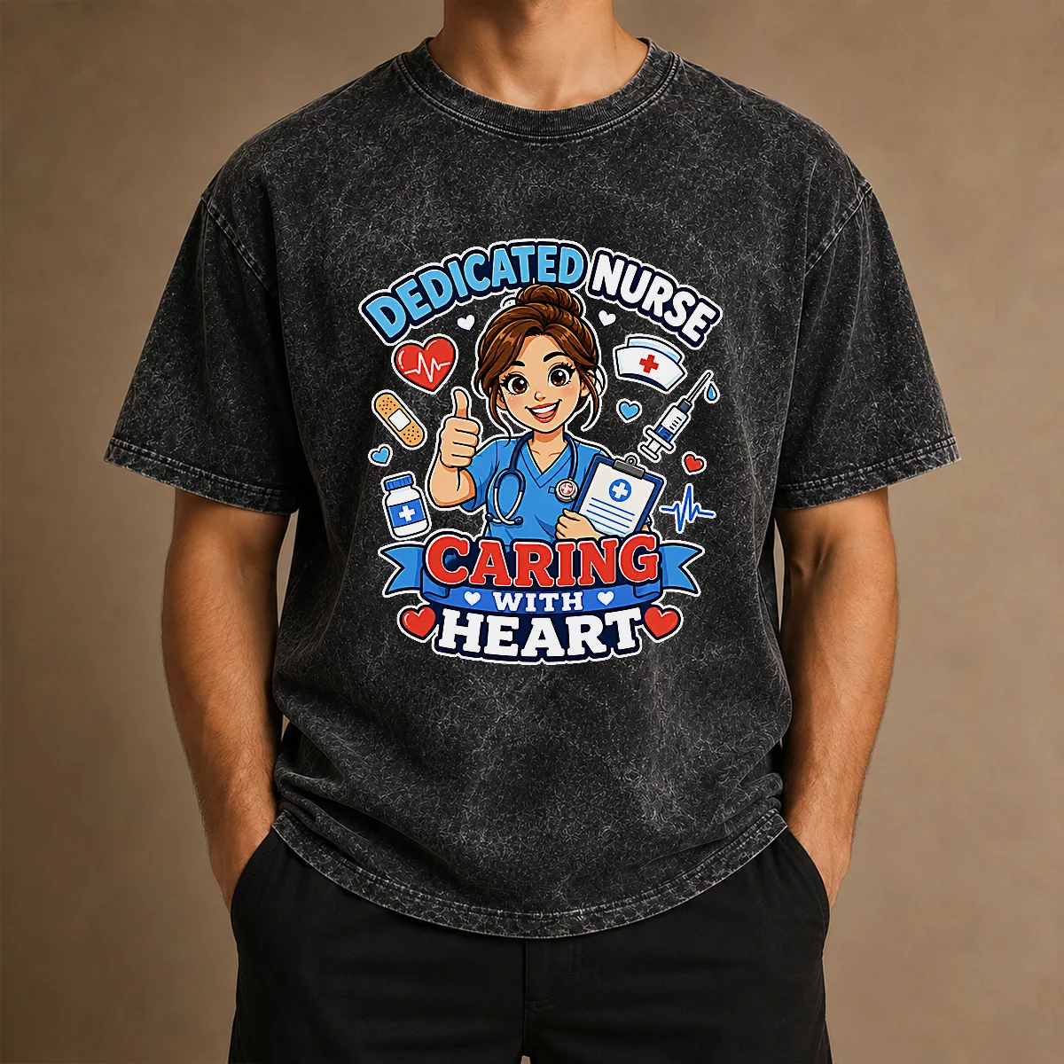 Nurse Dedicated Care Cartoon Washed T-Shirt