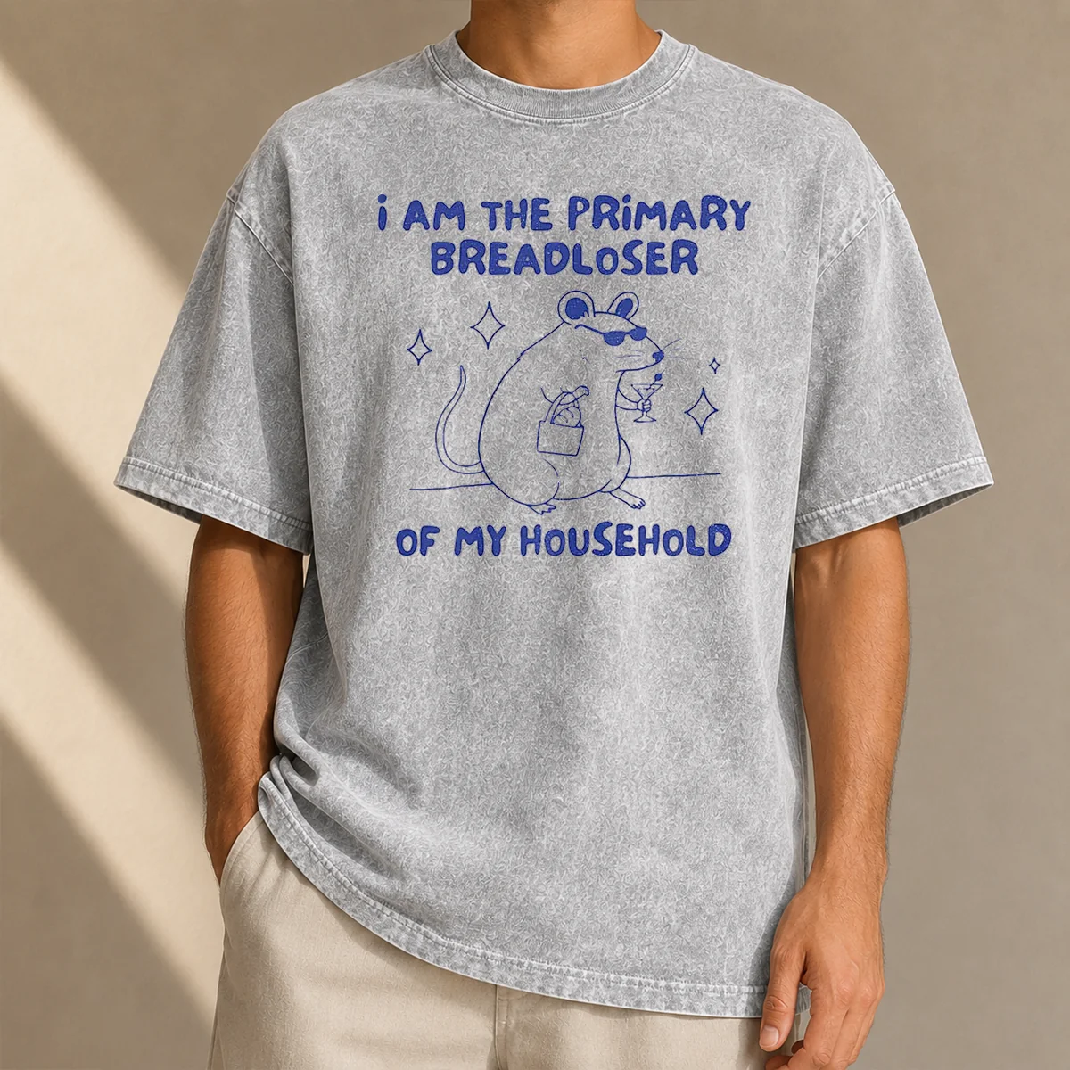 Official Hot I Am The Primary Breadloser Of My Household Rat Washed T Shirt in soft cotton fabric with vintage wash