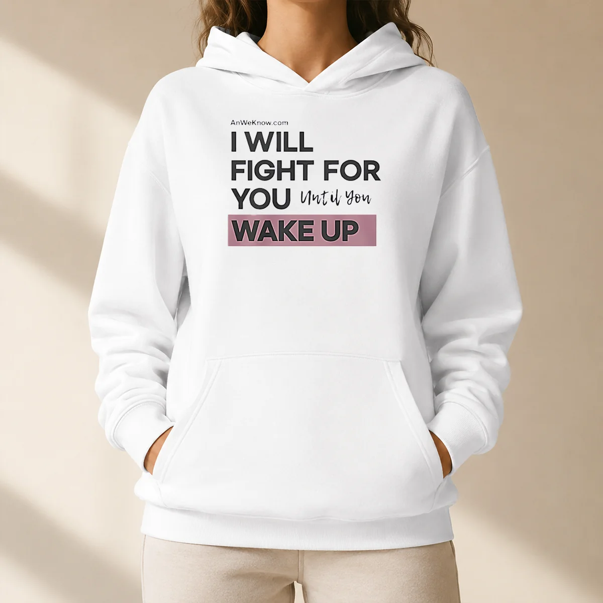 Official I Will Fight For You Until You Wake Up Hoodie in charcoal gray with front pocket and drawstring hood