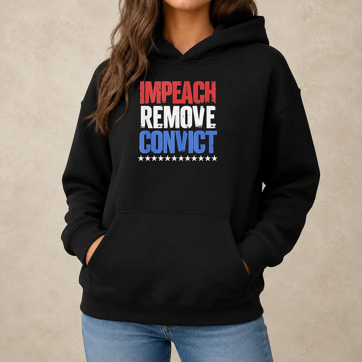 Official Impeach Remove Convict Stars Hoodie in black with front graphic and drawstring hood