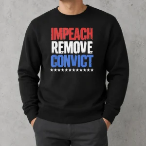 Official Impeach Remove Convict Stars Sweater in navy blue with bold white text and star graphics
