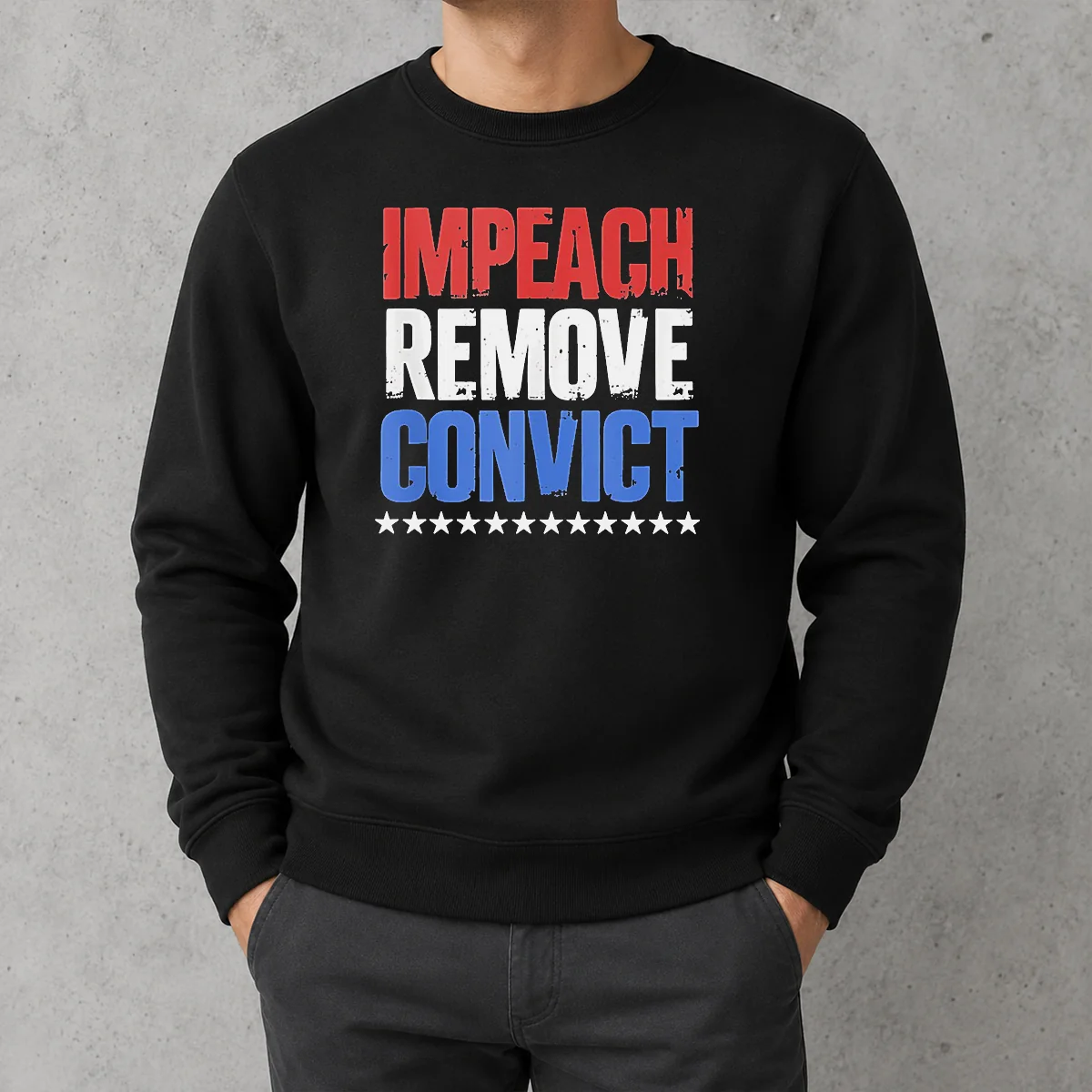 Official Impeach Remove Convict Stars Sweater in navy blue with bold white text and star graphics