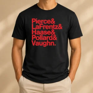 Official Pierce And Lafrentz And Haase And Pollard And Vaughn Kansas Jayhawks Basketball Roster t shirt in black showing full roster print