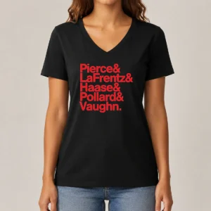 Official Pierce And Lafrentz And Haase And Pollard And Vaughn Kansas Jayhawks Basketball Roster V-Neck Shirt