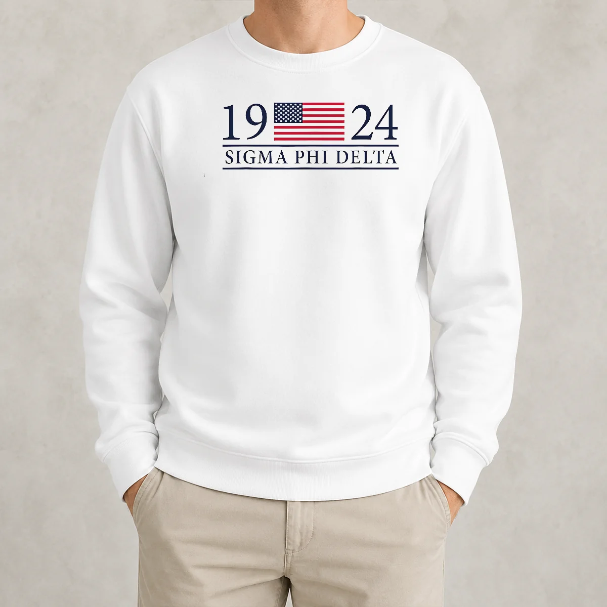 Official Sigma Phi Delta 1924 American Flag Fraternity sweater in navy blue with bold American flag design