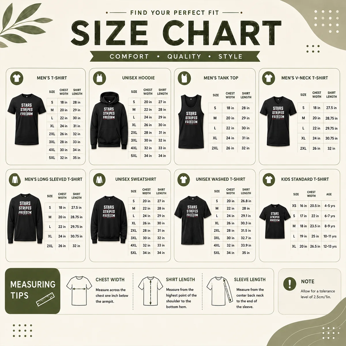 Official Stars Stripes Freedom Fourth Of July Patriotic American Independence Day Size Chart Size chart for Official Stars Stripes Freedom Fourth Of July Patriotic American Independence Day with measurements in inches and cm